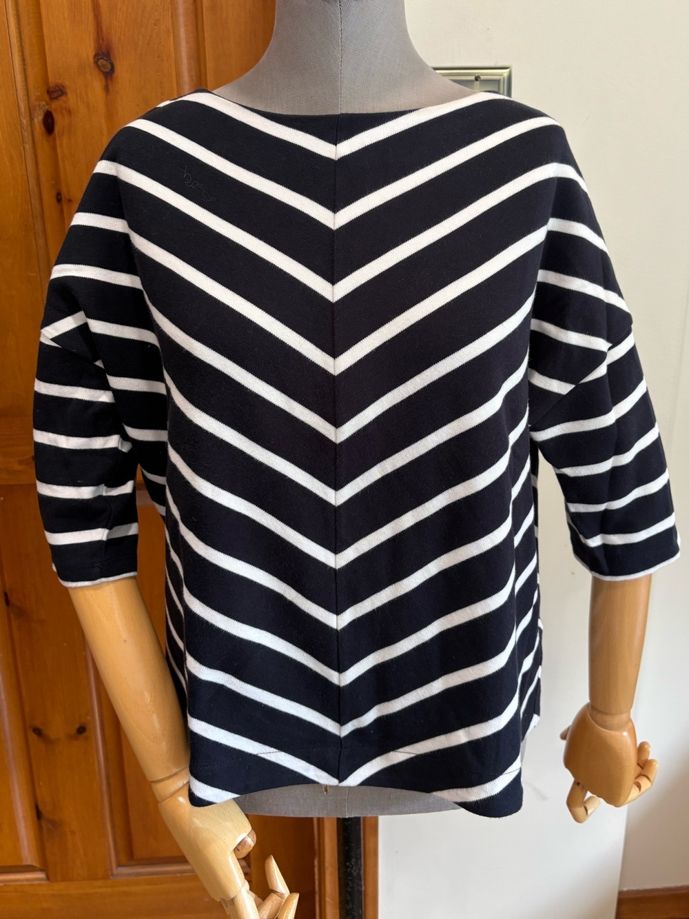 Massimo Dutti Cotton Navy Blue and White Striped Top, Zippered Back, Medium